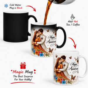 happy anniversary magic mug for couple | color changing anniversary coffee mug | romantic gift for husband wife | heat sensitive ceramic mug | wedding anniversary surprise gift | magic mug 325ml