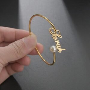 personalized pearl name bracelet for women | custom name gold bracelet | stainless steel gift